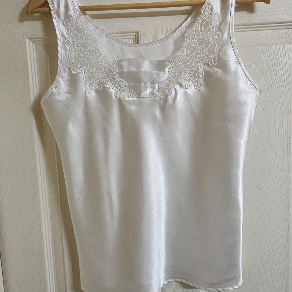 Elegant White Satin Chemise with Lace Accents